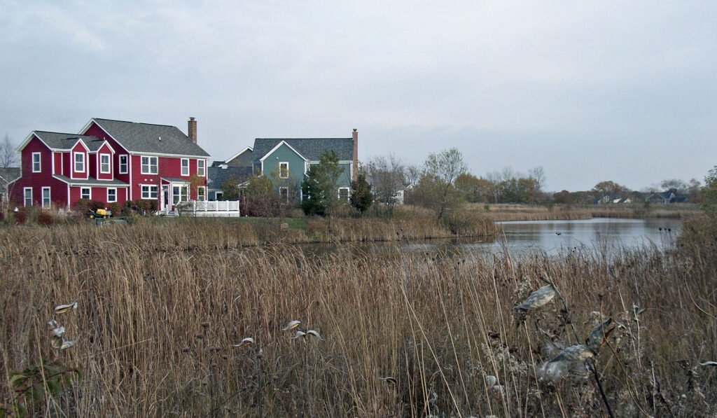 Wetlands and homes at Prairie Crossing in Grayslake, Illinois, photographed in 2007